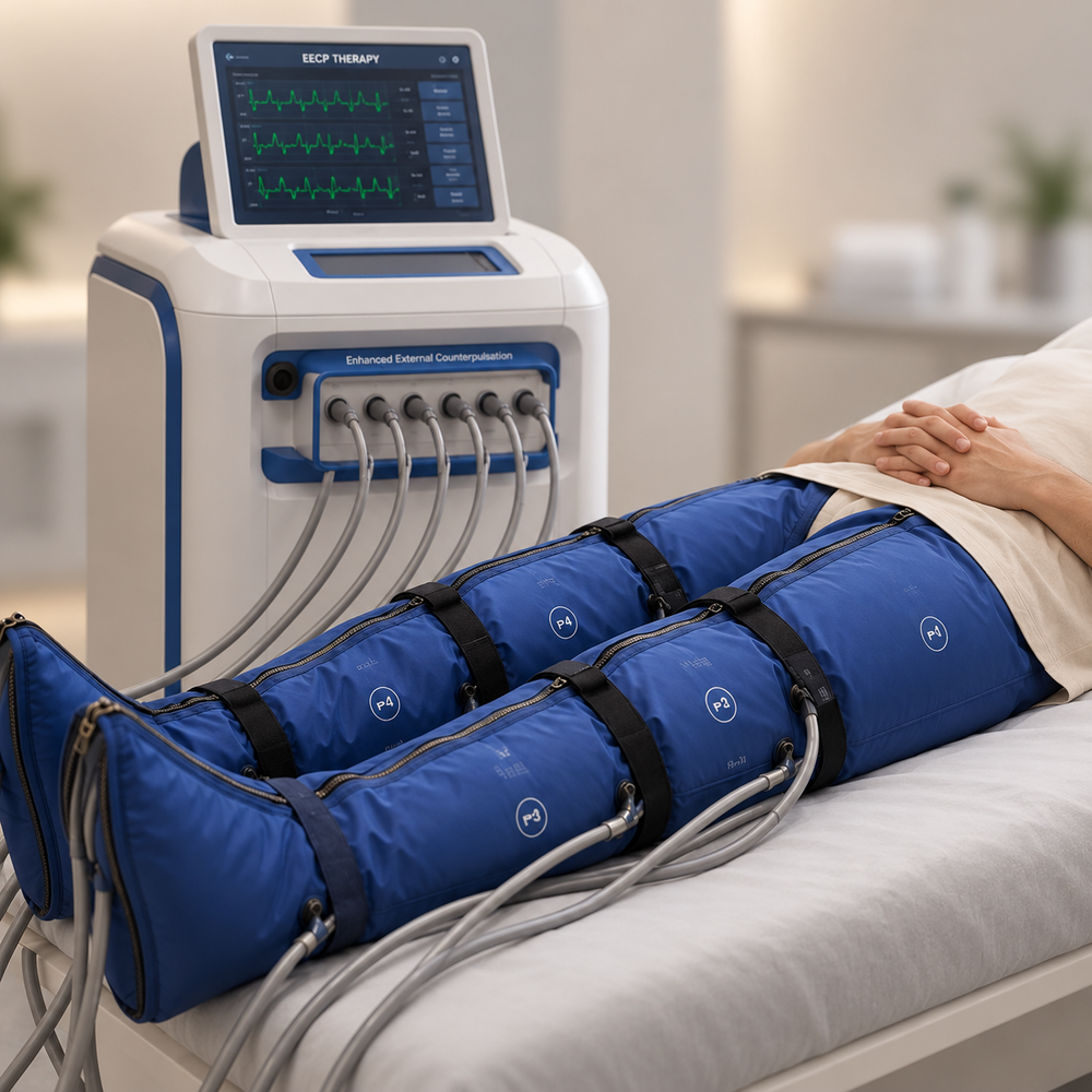 Illustration of an EECP treatment system with inflatable lower-body cuffs